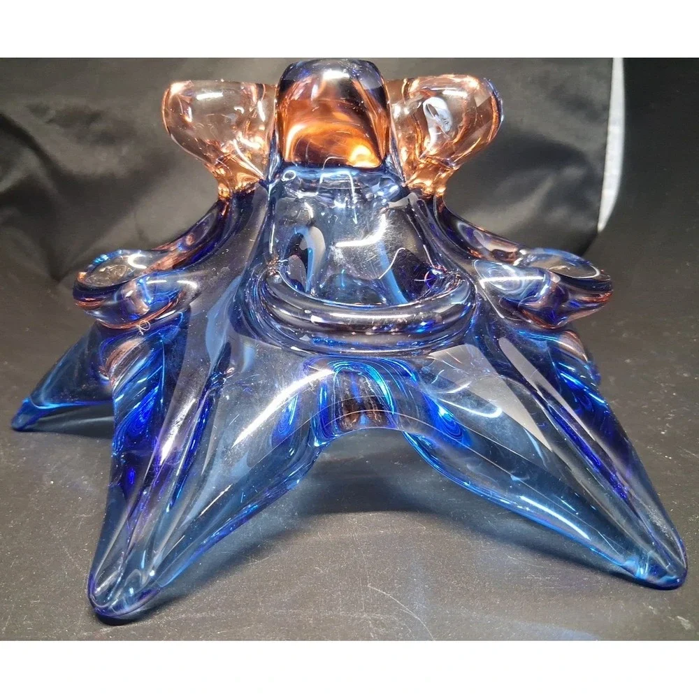 Vintage Murano Sommerso Art Glass Candle Holder, Blue, Clear with Pink Tint